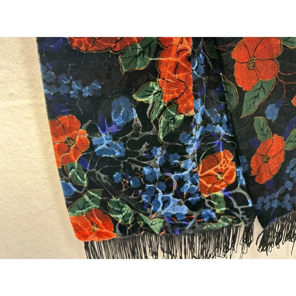 Vintage Art Deco Silk and Rayon Burnout Velvet Scarf with Fringed Ends
